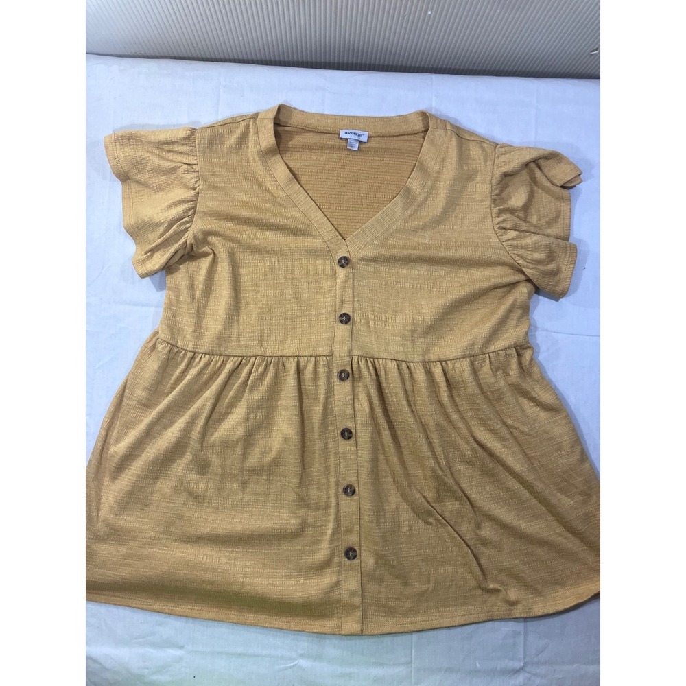 Avenue Mustard Yellow Ribbed Button Front Flutter Sleeve Top Plus Size 14 16